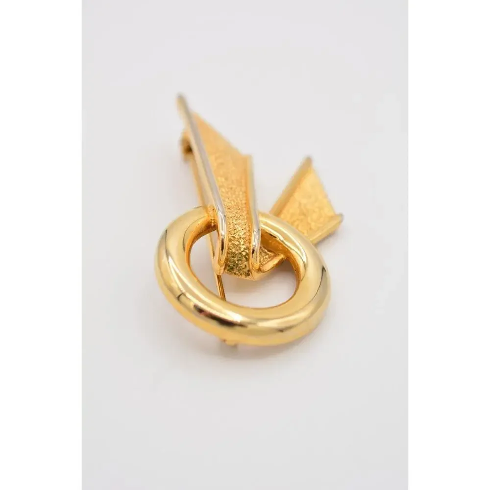 Vintage Abstract Pin Brooch Round Bow Textured Gold Tone 1980s BinAT